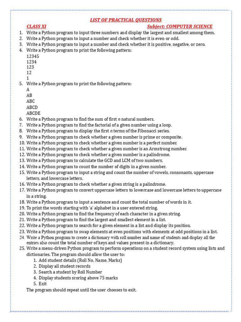 List of Practical Questions-Cs | PDF | Numbers | Python (Programming ...