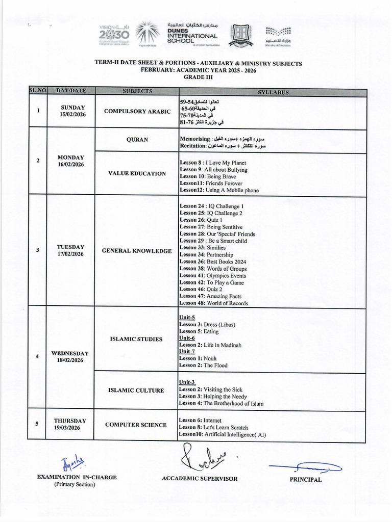 Term II Date Sheet & Portions Grade 3 - 0001 | PDF