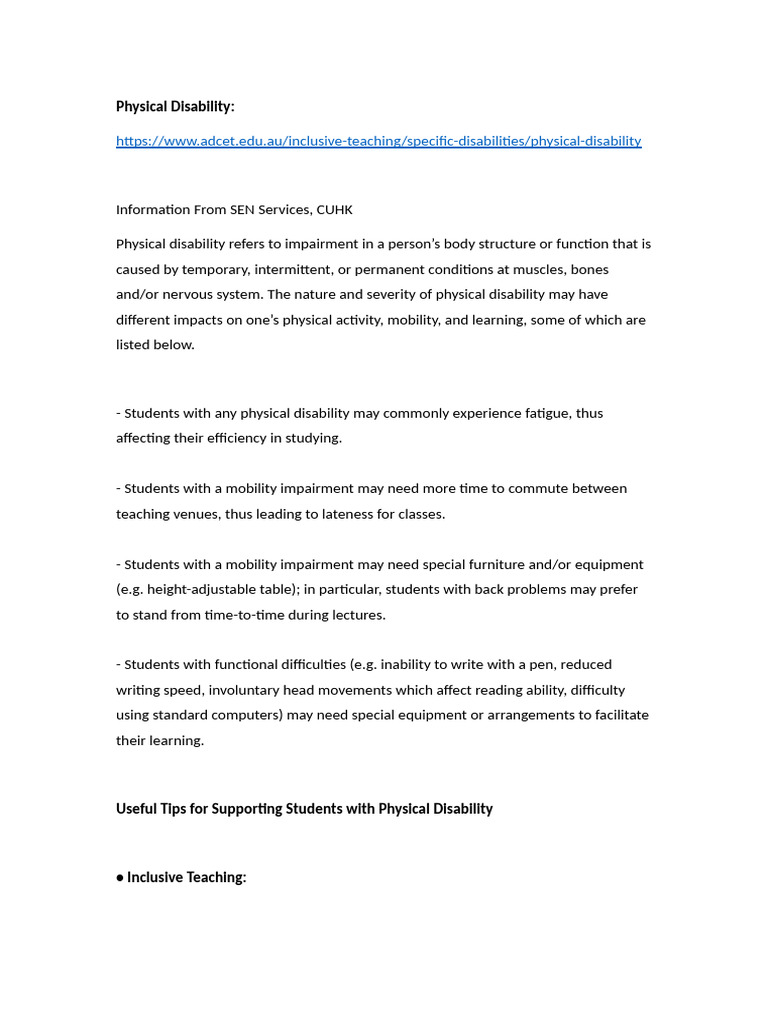 Physical Disability | PDF | Disability | Learning