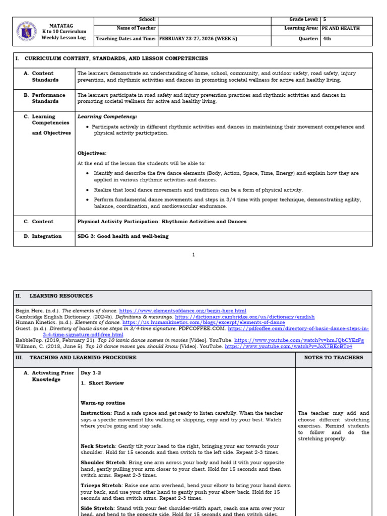 Grade 5 DLL Matatag - Pe and Health - q4 - Week 5 | PDF | Dances ...