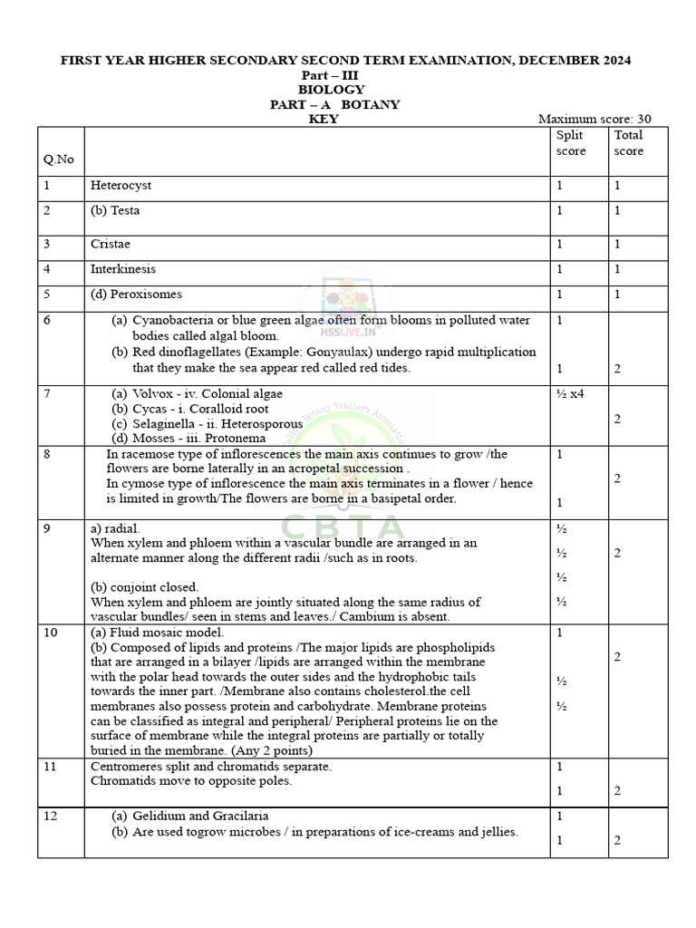 Hsslive Xi Botany KEY Dec 2024 | PDF | Meiosis | Cell (Biology)