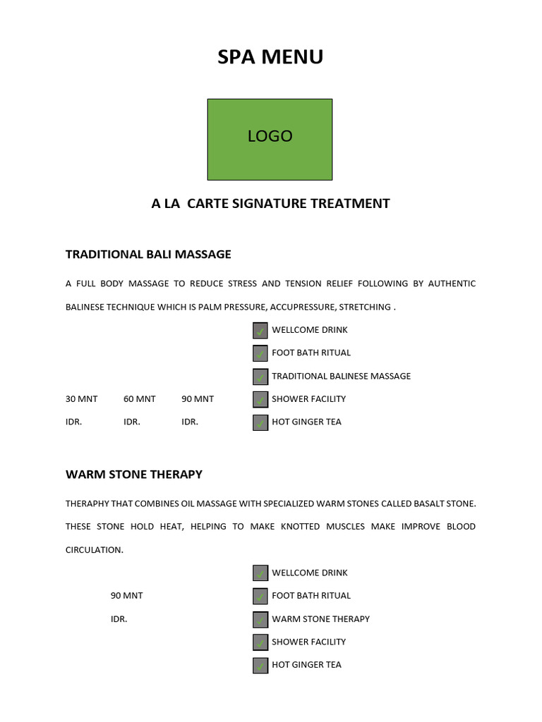 Desi Spa Menu A La Carte 1 | PDF | Massage | Alternative Medicine