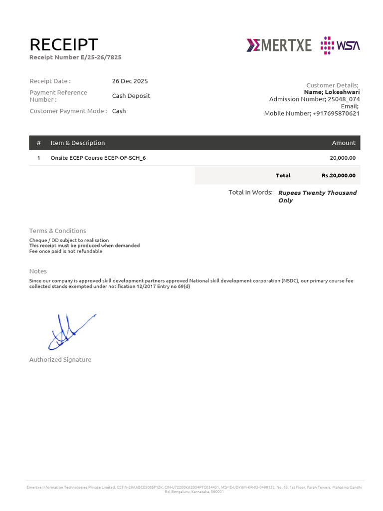 Receipt: Receipt Date: Payment Reference Number: Customer Payment Mode ...