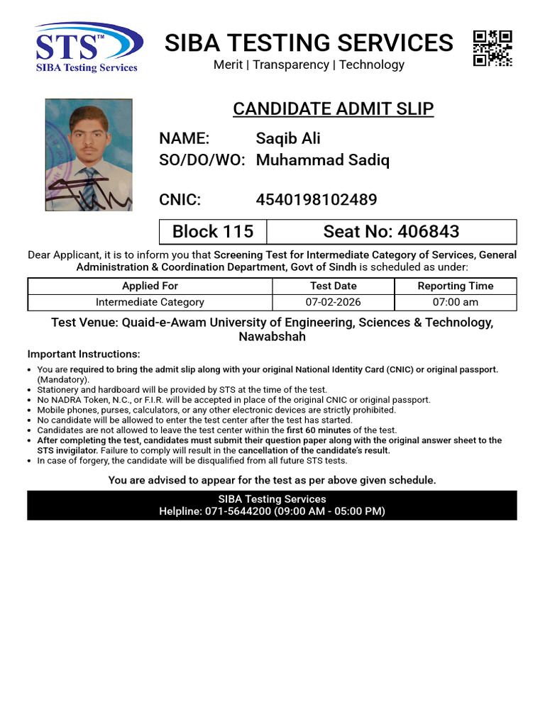 Siba Testing Services: Candidate Admit Slip | PDF