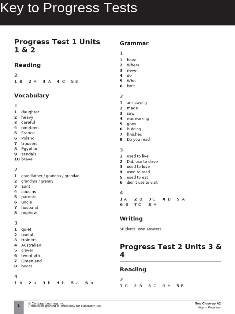 A2 Progress Tests 1-6 Answer Key | PDF
