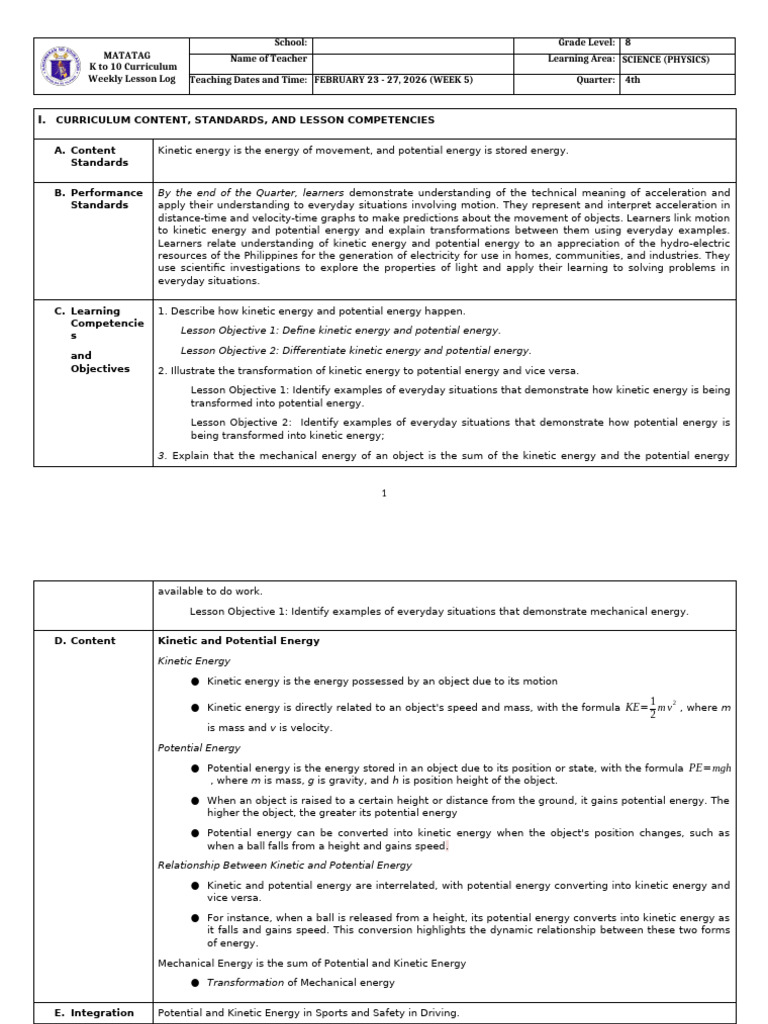 Grade 8 DLL Matatag - Science - q4 - Week 5 | PDF | Kinetic Energy ...