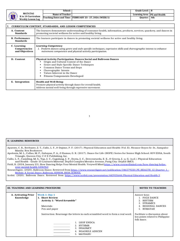 Grade 8 DLL Matatag - Pe and Health - q4 - Week 5 | PDF | Dances ...
