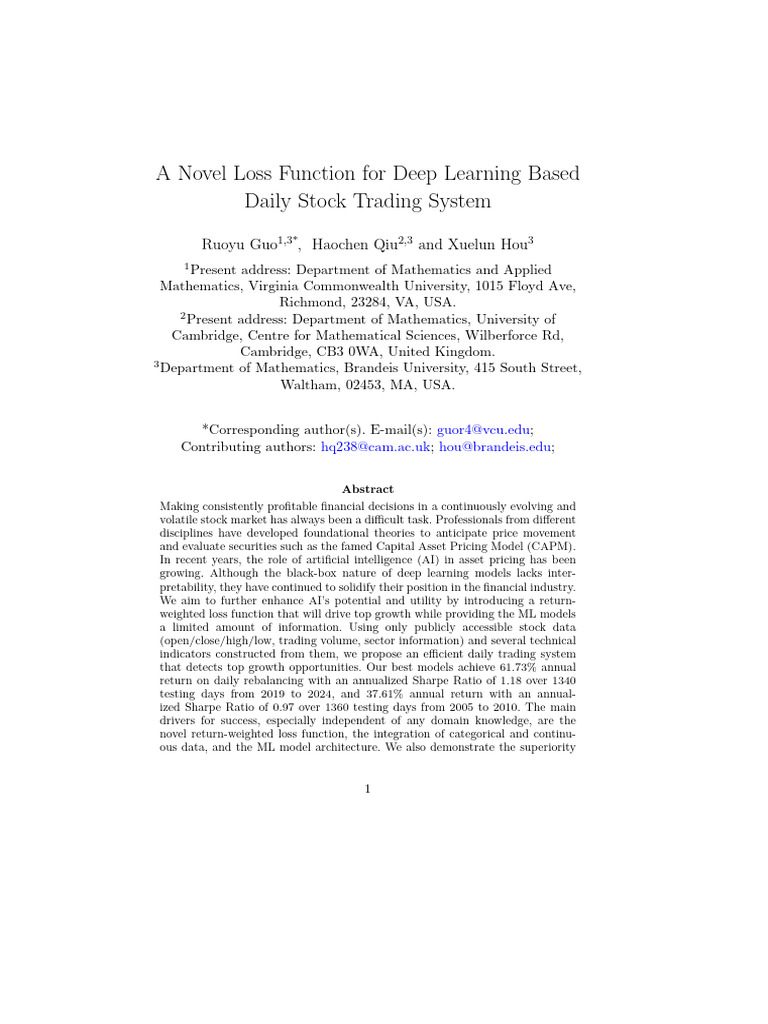 A Novel Loss Function For Deep Learning Based Daily Stock Trading | PDF ...
