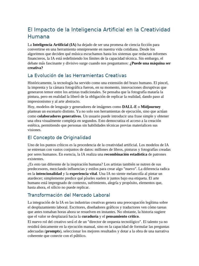 El Impacto de La Inteligencia Artificial en La Creatividad Humana | PDF