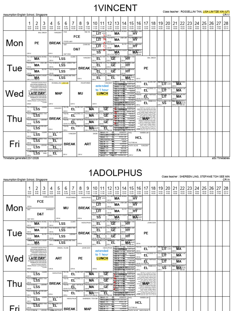 Aes 2026 Sem 1 Final v10 Class Timetable | PDF