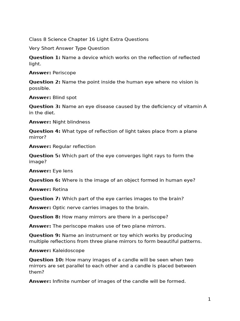 Class 8 - Light Extra Questions | PDF | Eye | Reflection (Physics)