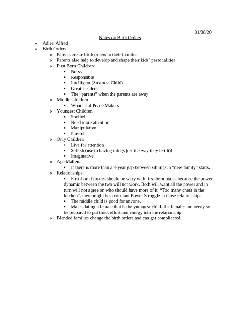 Birth Order Notes | PDF