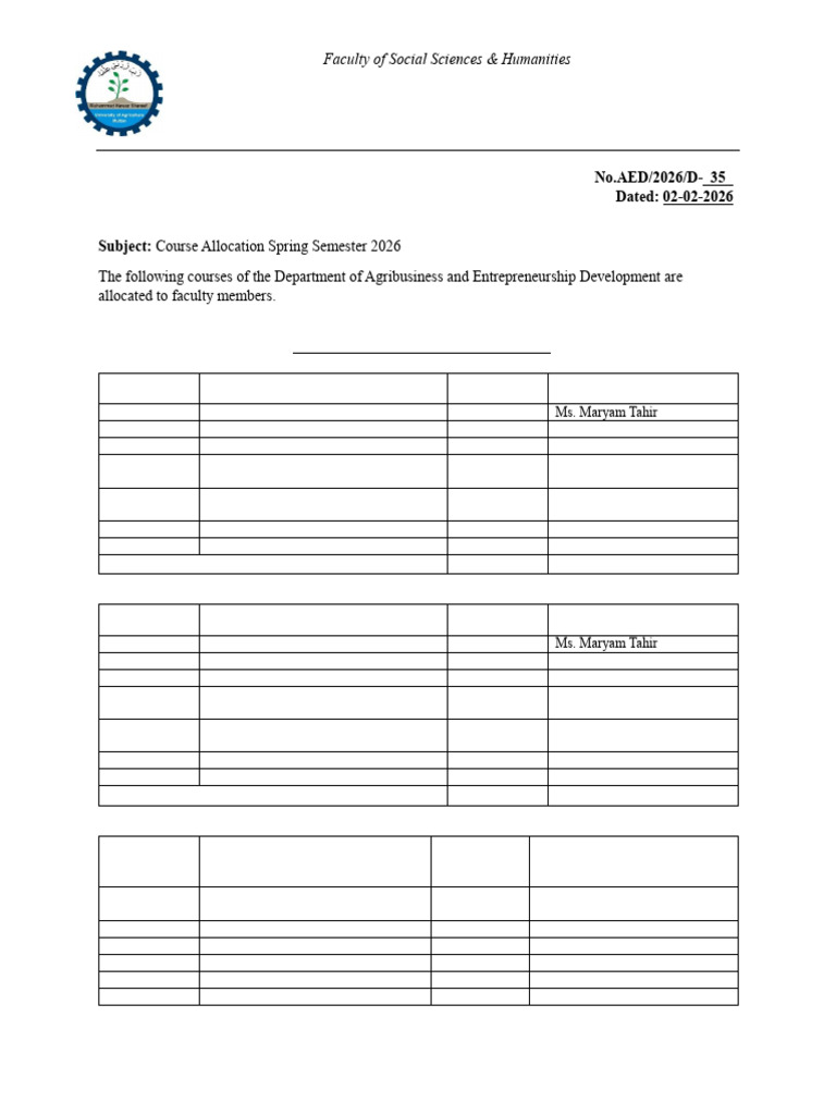 Teacher Allocation Spring 2026 | PDF | Bachelor Of Science | Agribusiness