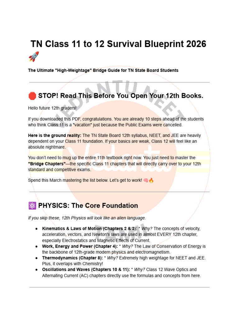 TN Class 11 To 12 Survival Blueprint 2026 ? | PDF | Chemistry | Physics