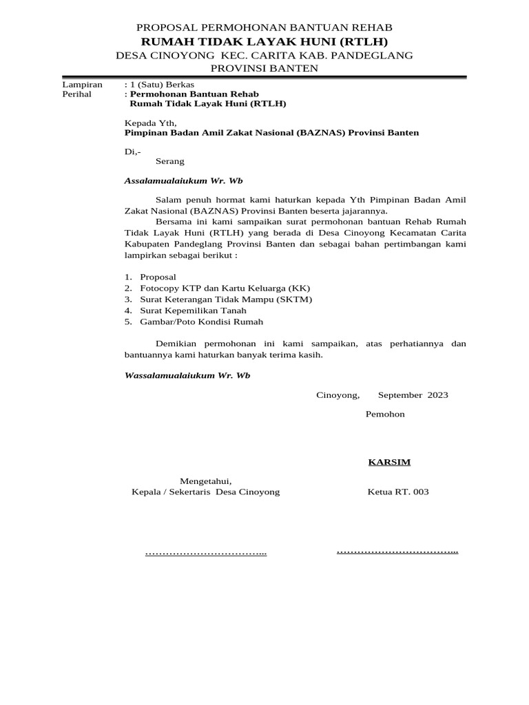 Proposal Permohonan RTLH Masjen | PDF