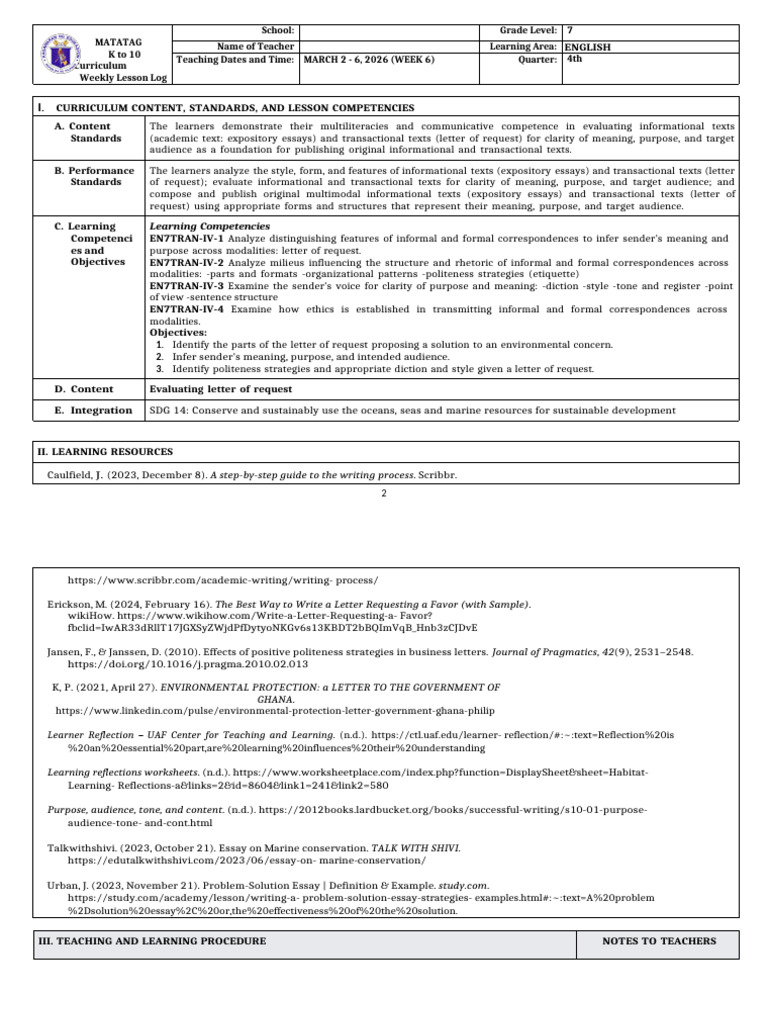 Grade 7 DLL Matatag - English - q4 - Week 6 | PDF | Conservation ...