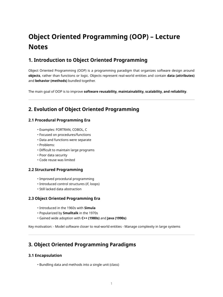 Lecture Notes - Object Oriented Programming | PDF | Object Oriented ...