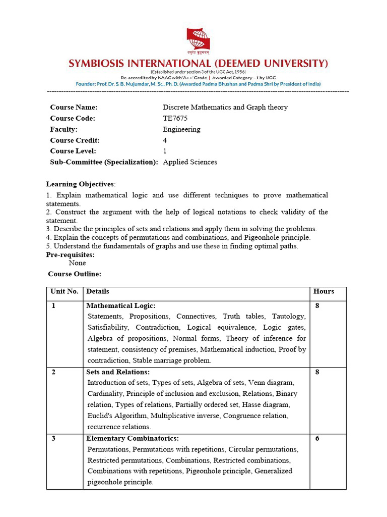 Discrete Mathematics and Graph Theory Syllabus | PDF | Discrete ...
