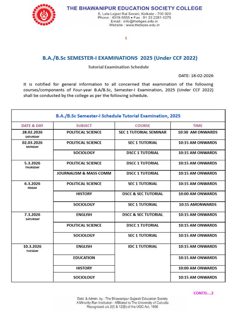 Sem 1 Tutorial Schedule | PDF