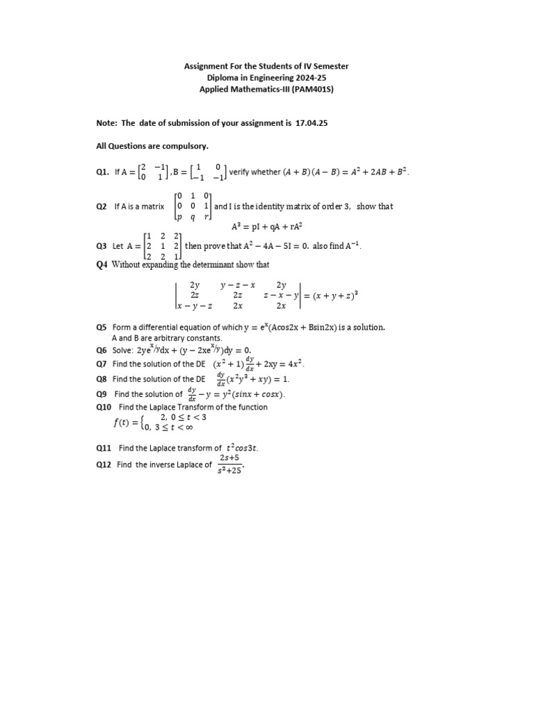 Assignment For The Students of IV Semester Diploma in Engineering 2024 ...