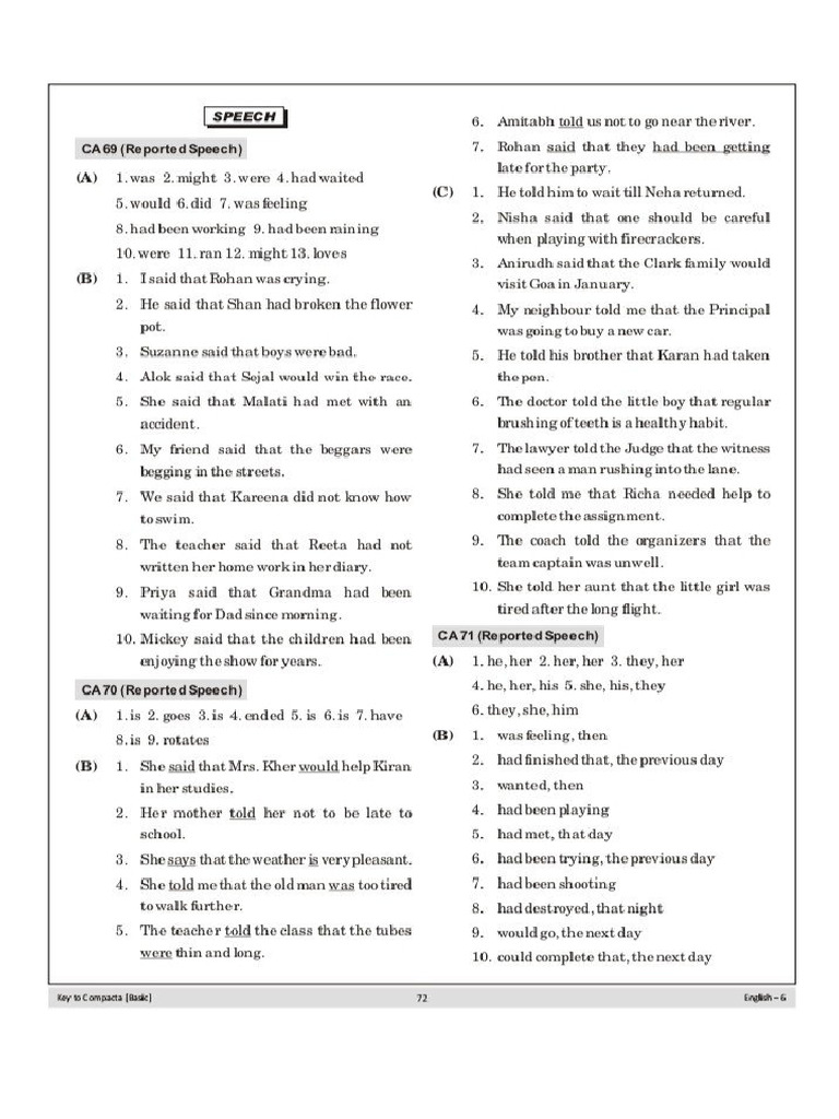 Resource 20260218155509 Answer Key of Reported Speech and Subject ...
