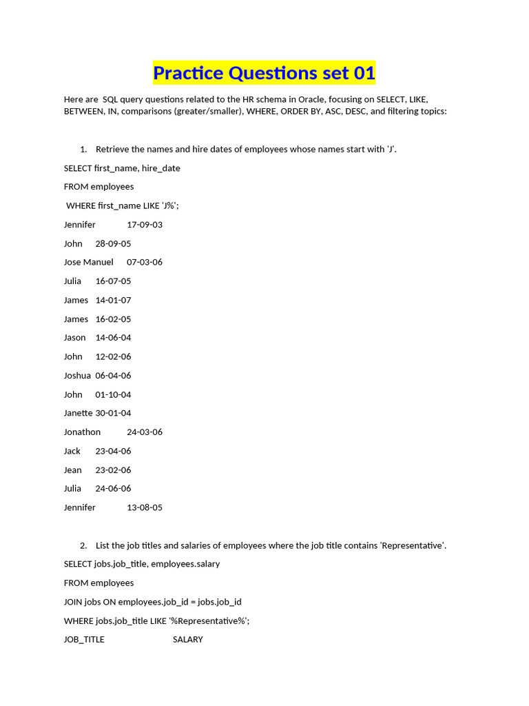 Oracle SQL Practice1 Related HrSchema | PDF | Salary | String (Computer ...