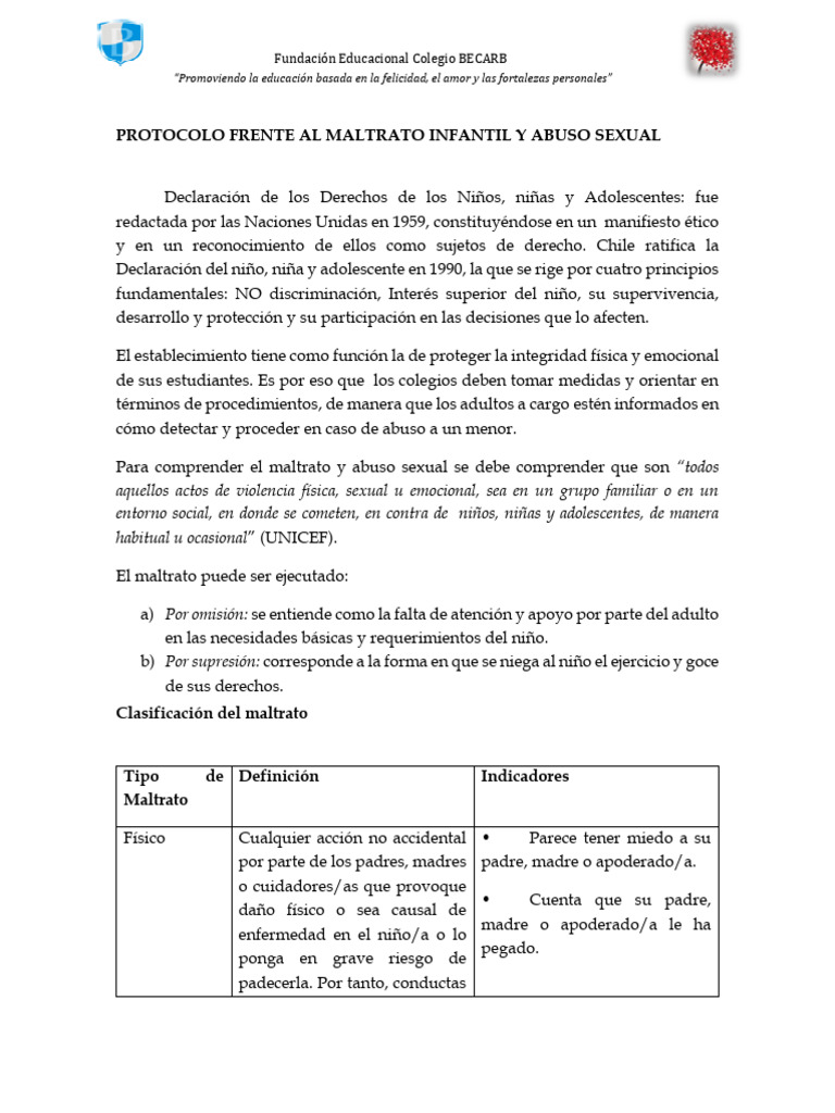 Protocolo Frente Al Maltrato Infantil y Abuso Sexual | PDF | Abuso ...