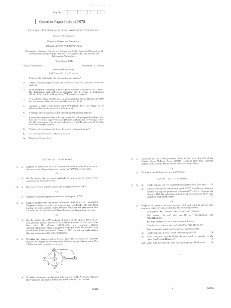 Computer Networks - CS3591 - Question Paper | PDF