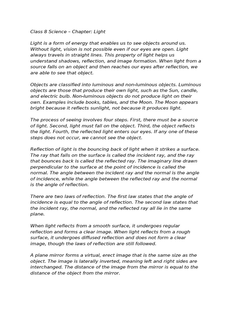 Class 8 Science Light Handwritten Notes | PDF | Reflection (Physics) | Eye