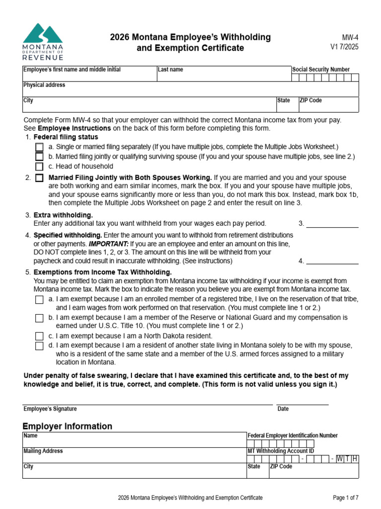 2026 Montana Employee's Withholding: and Exemption Certificate | PDF ...