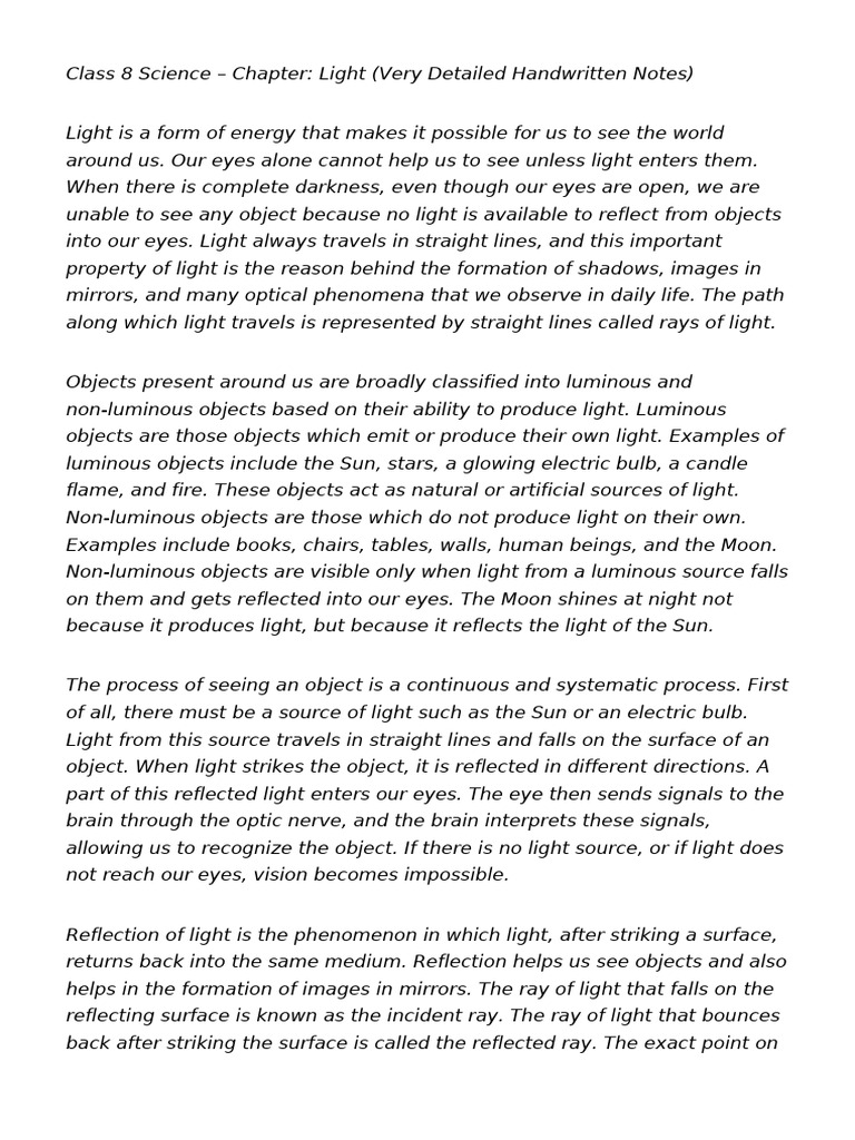 Class 8 Light ULTRA Handwritten Detailed | PDF | Reflection (Physics ...
