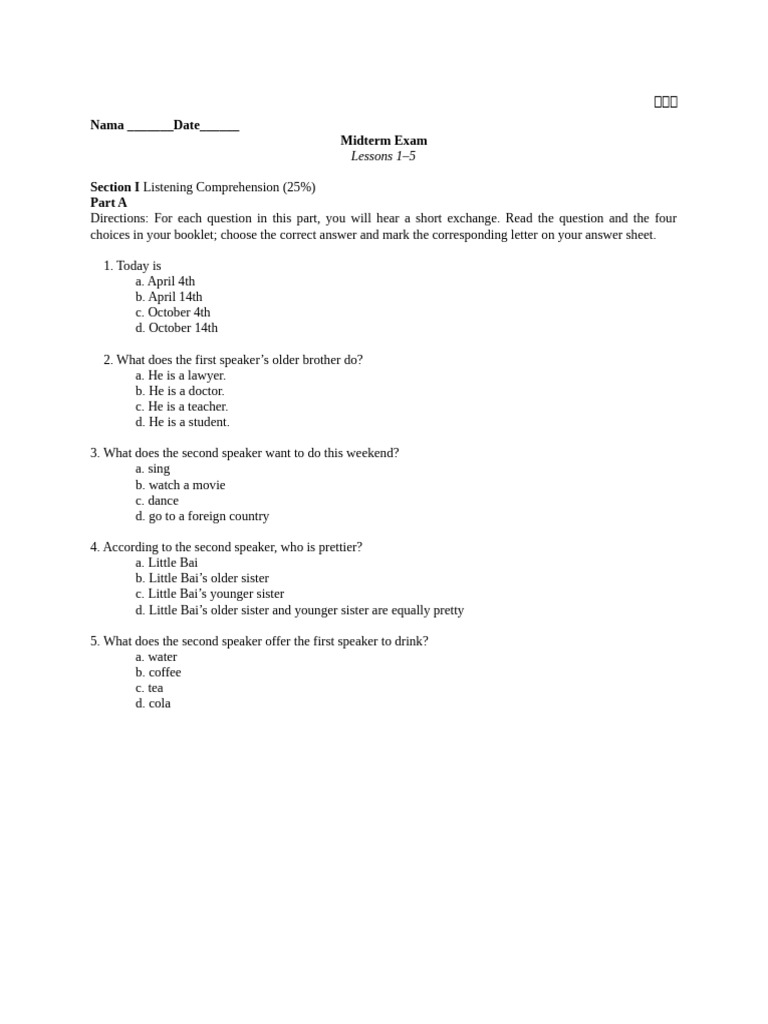 Lesson 5 Test | PDF | Linguistics
