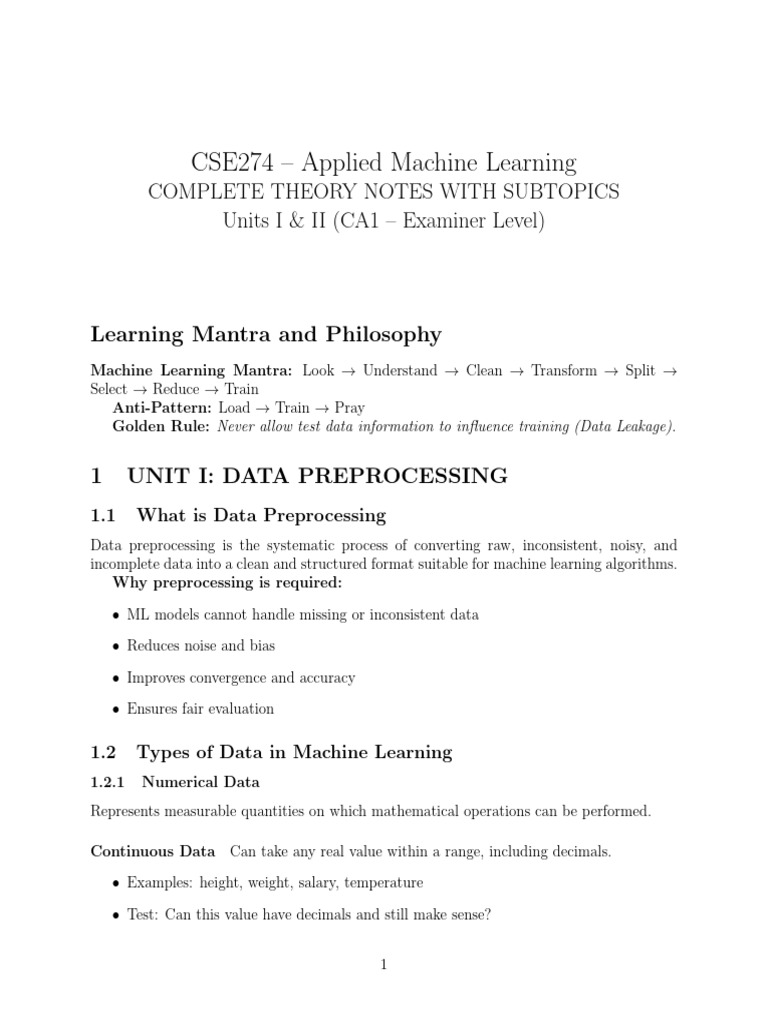 CSE274 - Applied Machine Learning: Complete Theory Notes With Subtopics ...