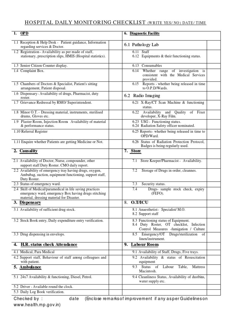 Hospital Daily Monitoring Checklist Emergency Department Hospital Prueba gratuita de 30