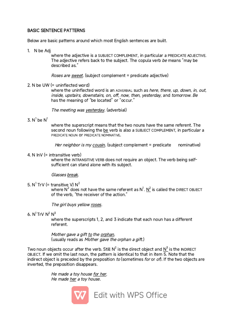 EL 102 Sentence Patterns | PDF | Noun | Verb