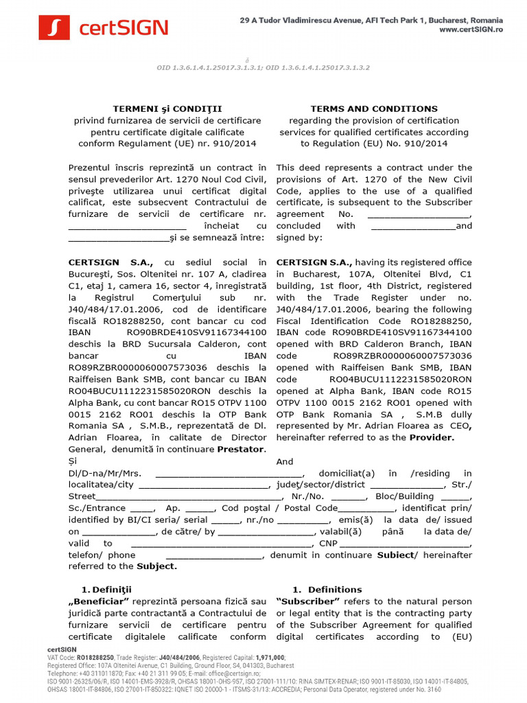 CertSIGN CA Calificat Termeni Si Conditii | PDF