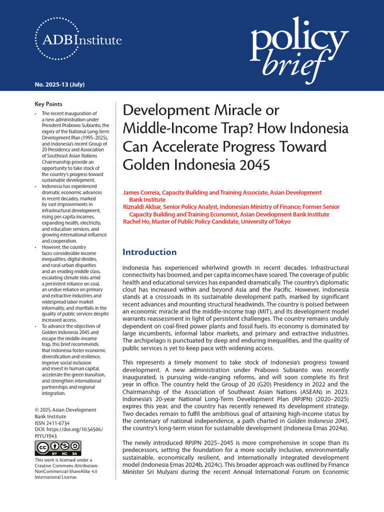 Adbi Development Miracle or Middle Income Trap How Indonesia Can ...