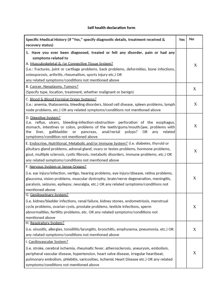 Self Health Declaration Form | PDF | Neoplasms | Ischemia