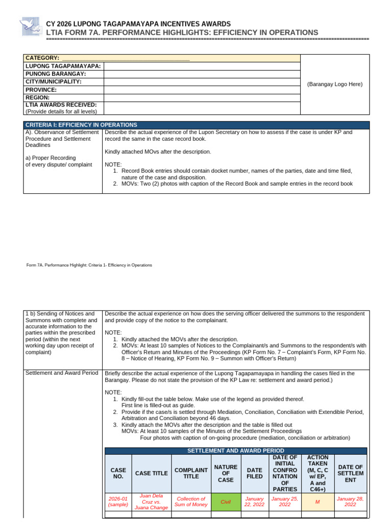 Form 7A. Performance Highlight, Efficiency in Operations | PDF ...