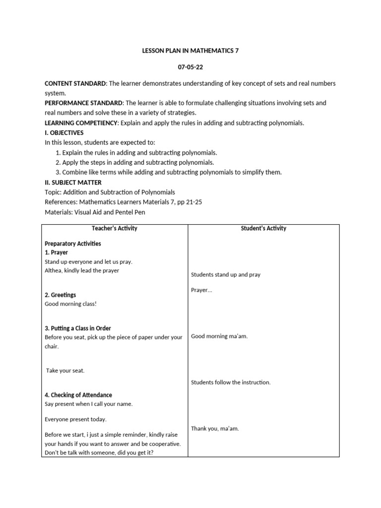 Lesson Plan-Adding and Subtracting Polynomials | PDF | Subtraction ...