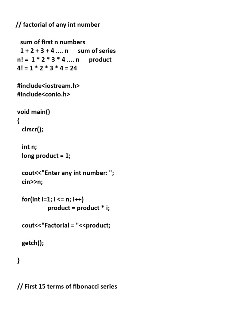 Factorial Fibonacci and Prime Numner Program in C++ | PDF