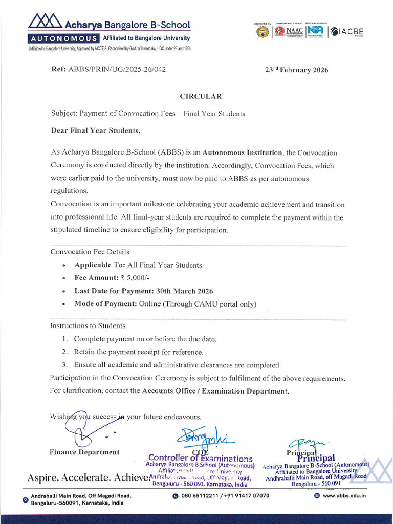 Payment of Convocation Fee-Final Year Students | PDF