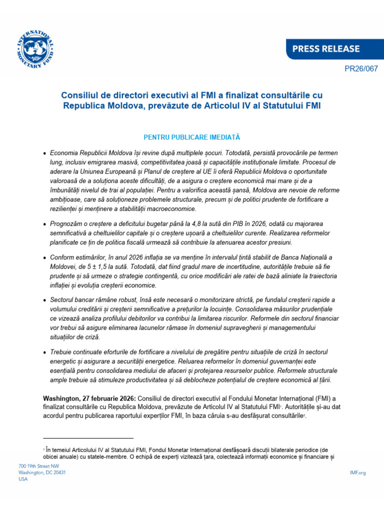 Moldova - 2025 - Article IV - Press Release ROM | PDF