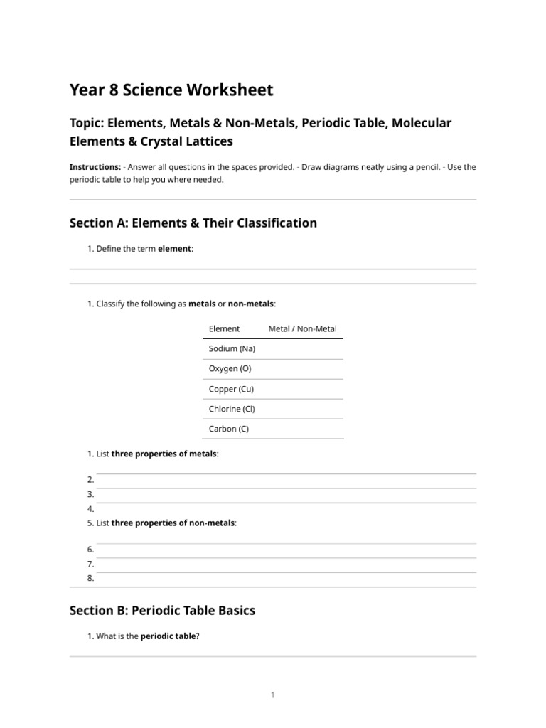 Elements Metals Nonmetals Worksheet | PDF | Chemical Elements ...