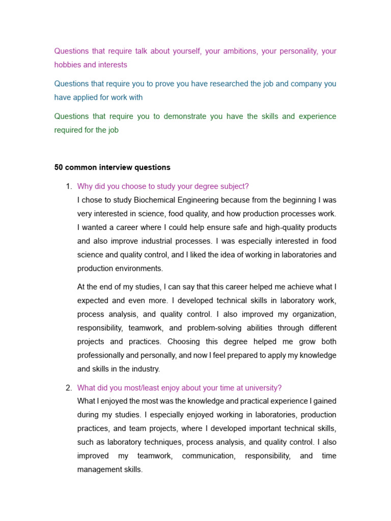50 Common Interview Questions English and Spanish | PDF | Learning | Skill