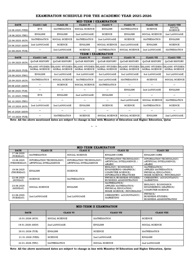 Exam Schedule For The Academic Year 2025 2026 | PDF | Science | Social ...