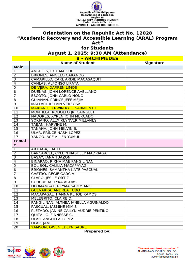 G8 ARAL Program Attendance For Parents and Students | PDF