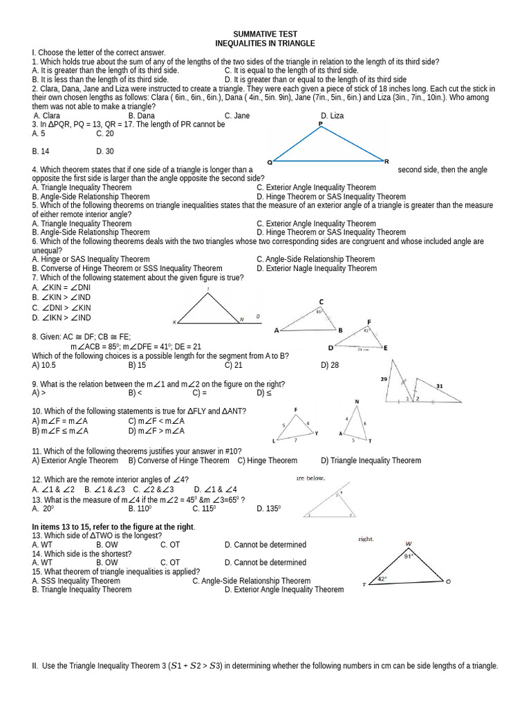 Summative Test-Triangle Inequality | PDF | Triangle | Angle