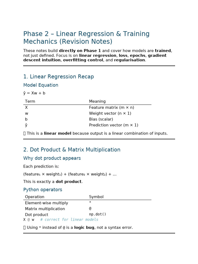 Phase 2 - Linear Regression & Training Mechanics (Revision Notes) | PDF ...