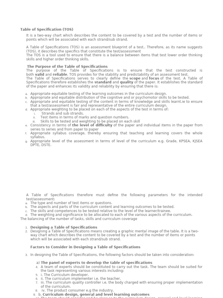 Table of Specifications Columns NOTES-1 | PDF | Curriculum ...